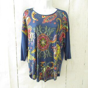 New Desigual Top S Small Blue Floral Studded Ribbed Elbow Sleeve